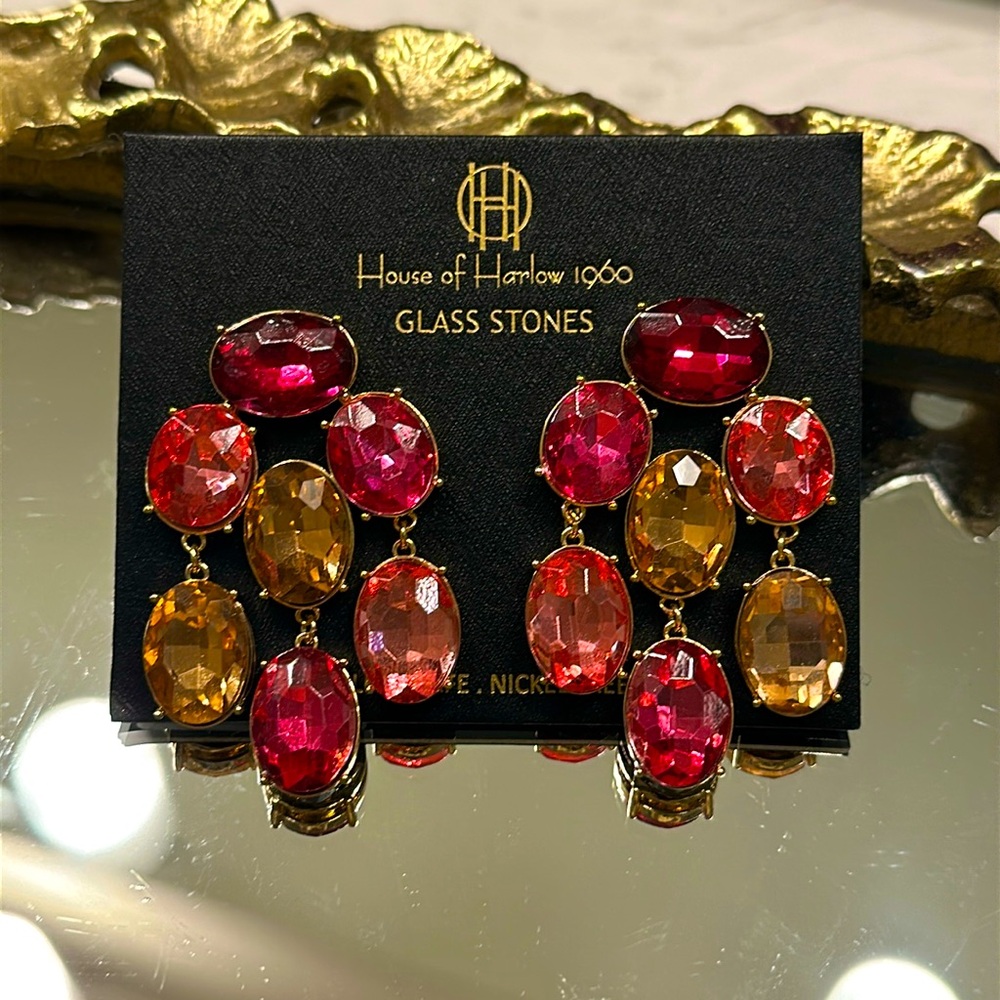House of Harlow 1960 glass stones chandelier earrings pink